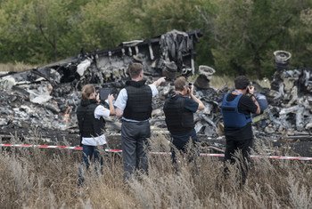 Members of the 	Organization for Security and Cooperation in Europe (OSCE) Special Monitoring Mission to Ukraine examine the MH17 crash site in July 2014. Photo: OSCE/Evgeniy Maloletka