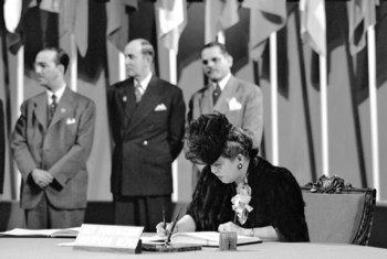 Minerva Bernardino, President, Inter-American Commission of Women, and member of the Delegation from the Dominican Republic, signing the UN Charter at a ceremony held at the Veterans' War Memorial Building on 26 June 1945.