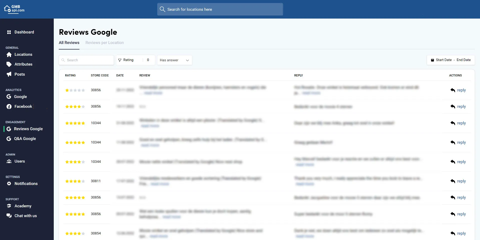 GMBapi Dashboard - Reviews Google