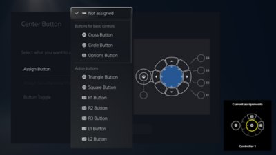 Interface mostrando configurações diferentes para o botão central. A possibilidade de mudar o botão designado, designar apertos de botões simultâneos e mudar a ativação/desativação do botão.