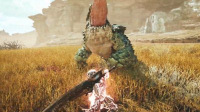 Monster Hunter Wilds 스크린샷, 차타카브라를 상대로 집중 모드를 사용하는 헌터