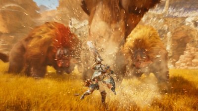 Monster Hunter Wilds 스크린샷, 상쇄를 통해 몬스터를 넘어트리는 헌터