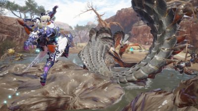 Monster Hunter Rise, snimka zaslona prikazuje lovca koji preskače napad čudovišta Almudron