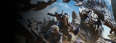 Monster Hunter Wilds 스크린샷, 중간에 보이는 많은 몬스터와 탈것을 타고 있는 헌터