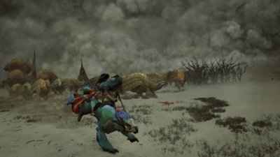 Monster Hunter Wilds 스크린샷, 모래 폭풍이 다가오자 탈것을 타고 크리처 무리로부터 피하는 헌터