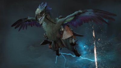 Monster Hunter Wilds 스크린샷, 폭풍 속에서 날개 달린 랩터 같은 탈것을 타고 날아가는 헌터