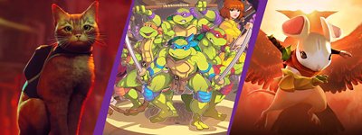 صورة شعار PS Indies تعرض، من اليمين إلى اليسار، صورة فنية أساسية لألعاب Stray و Teenage Mutant Ninja Turtles: Shredder's Revenge و Moss: Book II