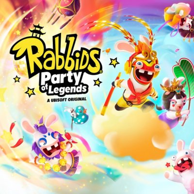 صورة فنية أساسية لـ Rabbids: Party of Legends تُظهر فيها مخلوقات حيوانية تقف على السحاب.