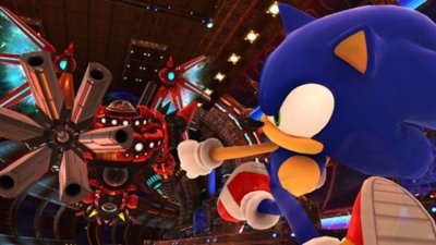 لقطة شاشة من لعبة Sonic X Shadow Generations تعرض Sonic وهو يتجنب روبوت يشبه Robotnik