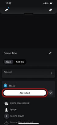 Página de detalhes do jogo da PlayStation Store na PS App com o botão Adicionar ao carrinho selecionado.