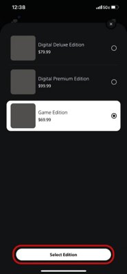 Página de detalhes do jogo da PlayStation Store na PS App com o menu de seleção de edição selecionado.