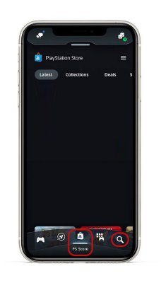 Ecrã da PS App com os ícones de pesquisa e da PS Store destacados na barra do menu inferior.