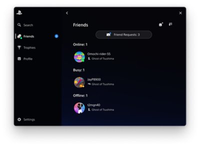 Imagem do PlayStation com a guia Amigos selecionada à esquerda e uma lista de amigos ao centro.