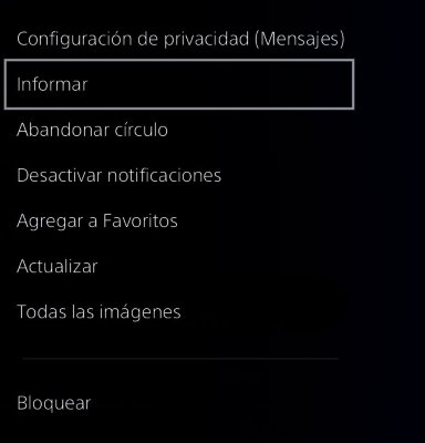 Pantalla de intercambio de mensajes de PS4 con la opción Denunciar resaltada.