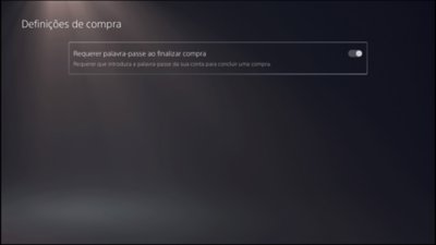 Ecrã de definições de compra da PS5 com a opção Requerer a palavra-passe ao finalizar compra