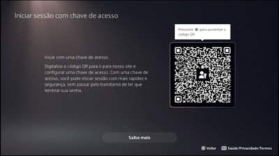 Tela depois de selecionar "Iniciar sessão com chave de acesso" no console PS5, mostrando o código QR.