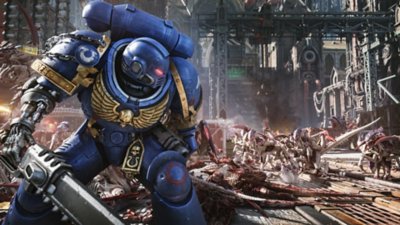 Warhammer 40,000: Space Marine 2 – Capture d’écran montrant un Marine portant une armure bleue en action