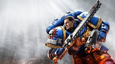 Warhammer 40,000: Space Marine 2 – Illustration de bannière montrant la charge d'un Marine en armure bleue