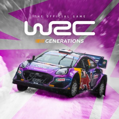 الصورة الفنية الأساسية للعبة WRC Generations تُظهر سيارة سباق مطلية بطلاء أرجواني.