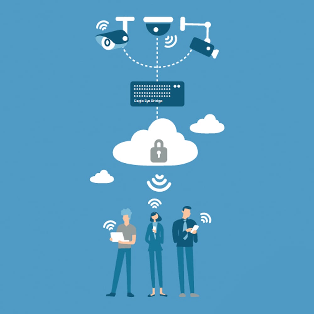 infographic of people using cloud services on mobile devices as they stand below an illustration of a security system