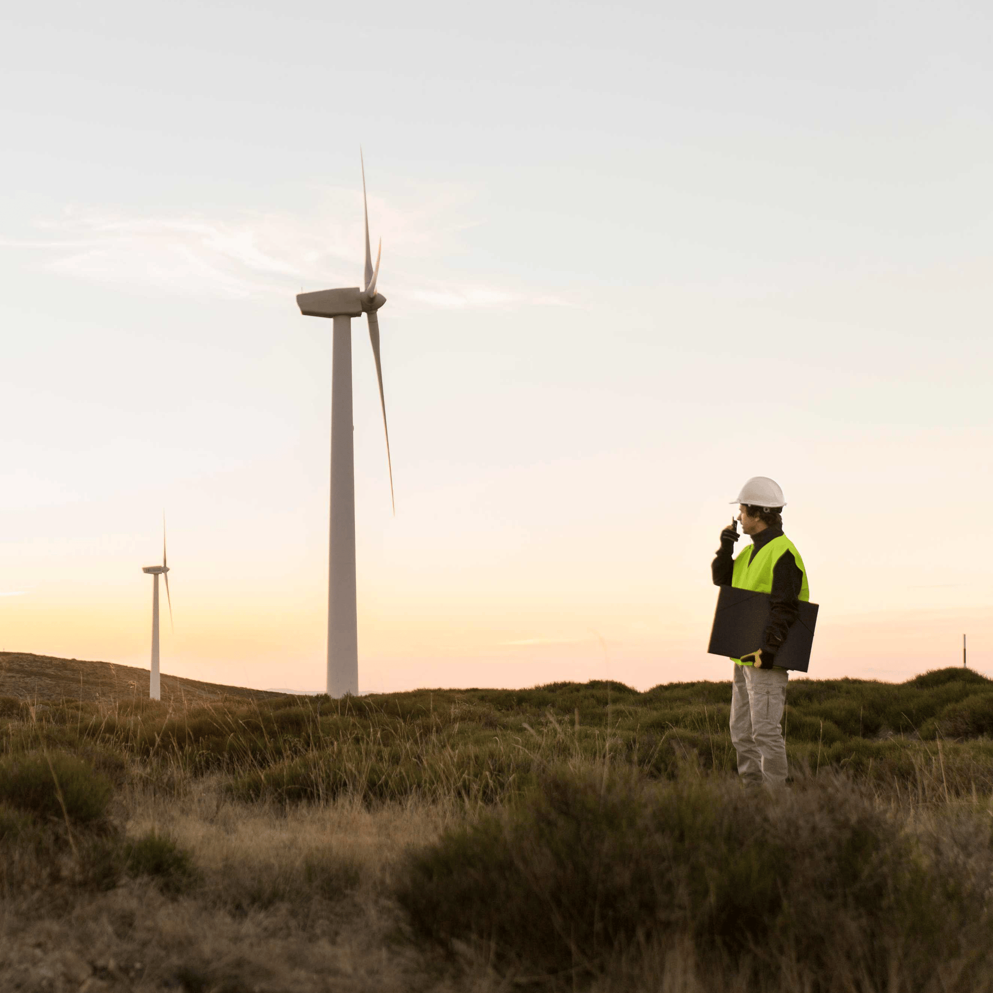 man stands in field reporting on windmill performance