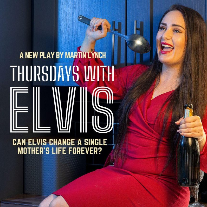 Thursdays With Elvis - A new play by Martin Lynch. A woman in a red dress sits upon a kitchen countertop, she is holding a bottle of wine and pretending to sing into a large metal spoon.