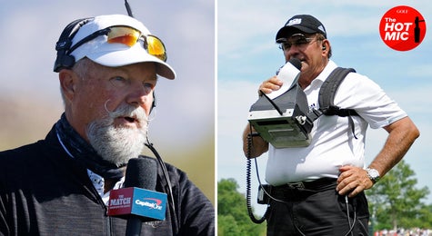 peter kostis and gary mccord speak in microphones separated by a white line