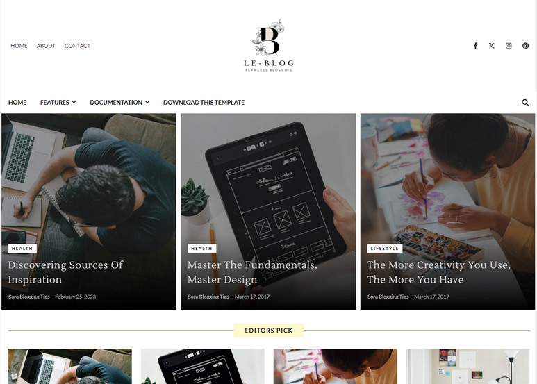 Le Blog Blogger Template offers a visually appealing platform that's perfect for photographers, designers, artists, and bloggers aiming to present their work professionally.