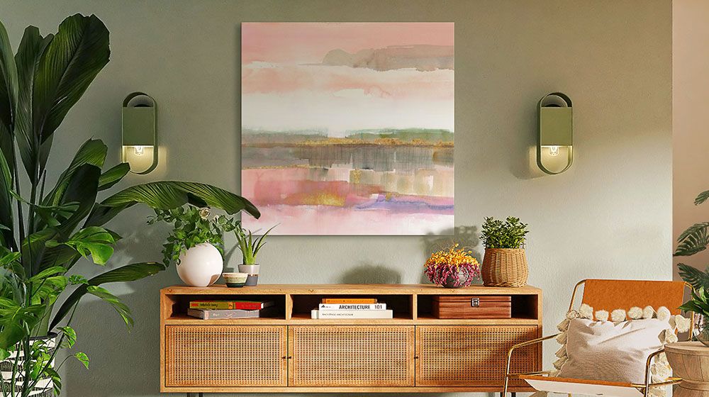 Influence of Line and Color Gold Crop Wall Art by Mike Schick over a bohemian styled cabinet