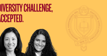 Two female Fordham Ph.D. professors with a pride yellow backdrop, maroon seal for GSE and headline in all caps "DIVERSITY CHALLENGE, ACCEPTED."