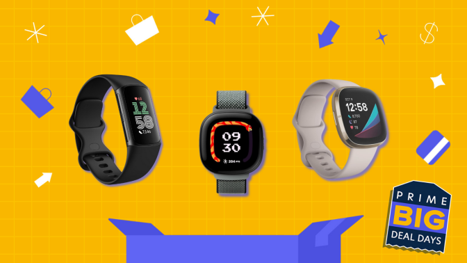 prime day illustration in yellow and blue with three Fitbit watches