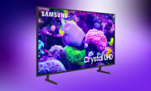 Samsung Crystal UHD TV on a purple gradient background