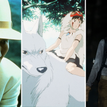 A collage of a man in a hat, a cartoon of a woman on a wolf, and a woman looking distressed. 