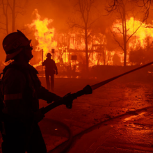 Firefighters battle the Eaton Fire in strong winds as many homes burn on January 7, 2025 in Pasadena, California.