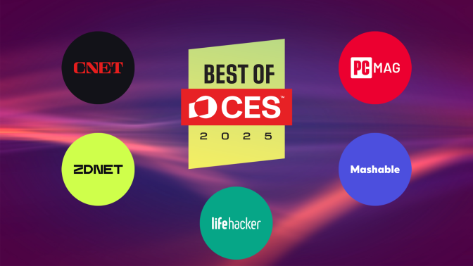 Logos for  Mashable, CNET, ZDNET, PC Mag, and Lifehacker surround a logo for Best of CES 2025