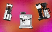 an OXO coffee grinder, Breville espresso makers, and Moccamaster coffee maker on a pink background