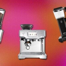 an OXO coffee grinder, Breville espresso makers, and Moccamaster coffee maker on a pink background