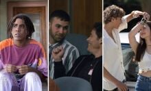 From left to right: A 13-foot-tall Black man sits on a stoop; two men look at each other, grinning, in a jury box, one holding up a fist; a teen boy reaches for a teen girl's car keys in a parking lot.