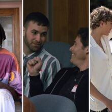 From left to right: A 13-foot-tall Black man sits on a stoop; two men look at each other, grinning, in a jury box, one holding up a fist; a teen boy reaches for a teen girl's car keys in a parking lot.