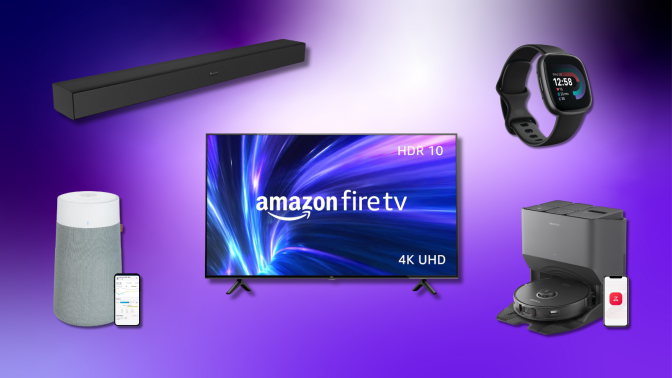 Roku soundbar, Blueair puriifer, Amazon Fire TV, Fitbit Versa 4, and Roborock S8 Pro Ultra with purple background