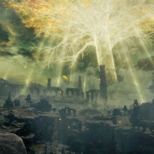 A screenshot from the video game "Elden Ring." An armored character on horseback looks out across a landscape dotted with crumbling ruins. A large, golden, semi-transparent trees looms high above everything.