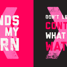 left: text hands off my p-rn in white text in front of pink text on red background. right: text don't let them control what you watch on white and red text in front of pink x in front of black background