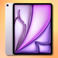 purple ipad air on an orange and yellow gradient background