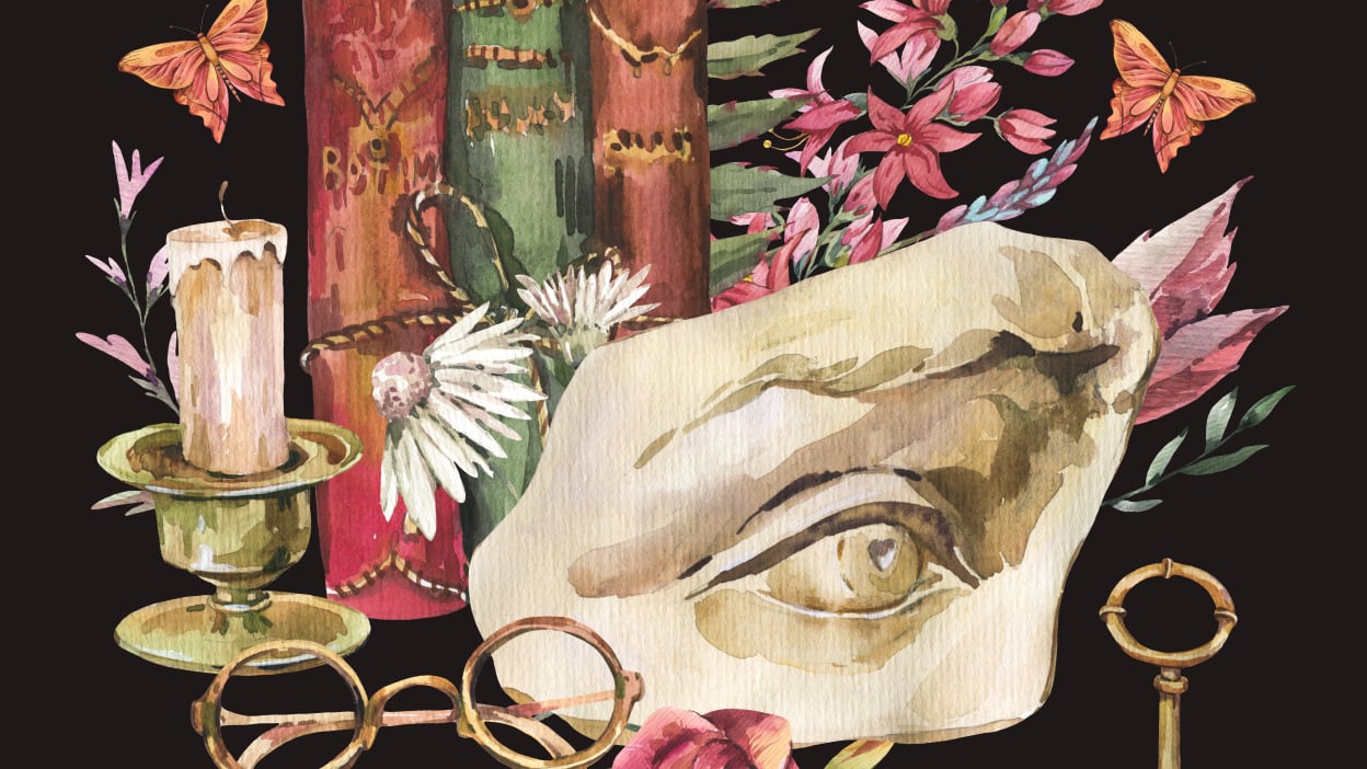 A dark academia floral vintage illustration