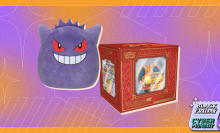 Pokémon Squishmallow stuffed animal and box of Pokémon cards arranged on purple and orange backdrop