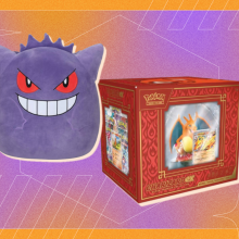 Pokémon Squishmallow stuffed animal and box of Pokémon cards arranged on purple and orange backdrop