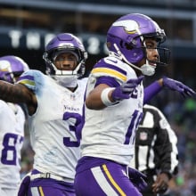 ustin Jefferson #18 of the Minnesota Vikings celebrates after his receiving touchdown Seahawks during the fourth quarter at Lumen Field on December 22, 2024 in Seattle, Washington.