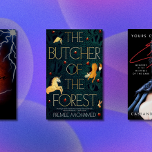 The covers of three dark fantasy book against a graphic background.