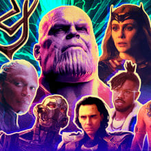 An artful composite featuring Marvel villains from across the cinematic universe, animated with bright colors.