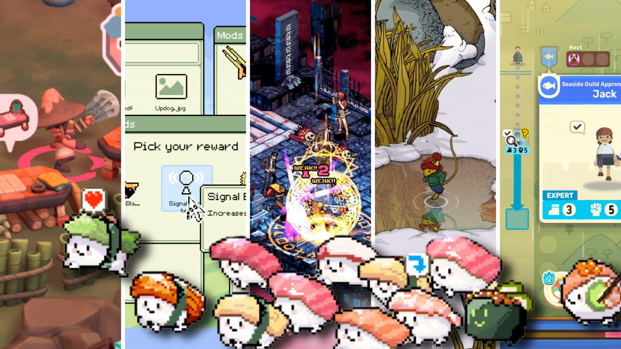 A composite of images from several indie games. From left to right: SEDAP! A Culinary Adventure; Identifile; Demonschool; Winter Burrow; and Dungeon Inn. Sushi from Wabisabi Sushi Derby run across the bottom of the image.